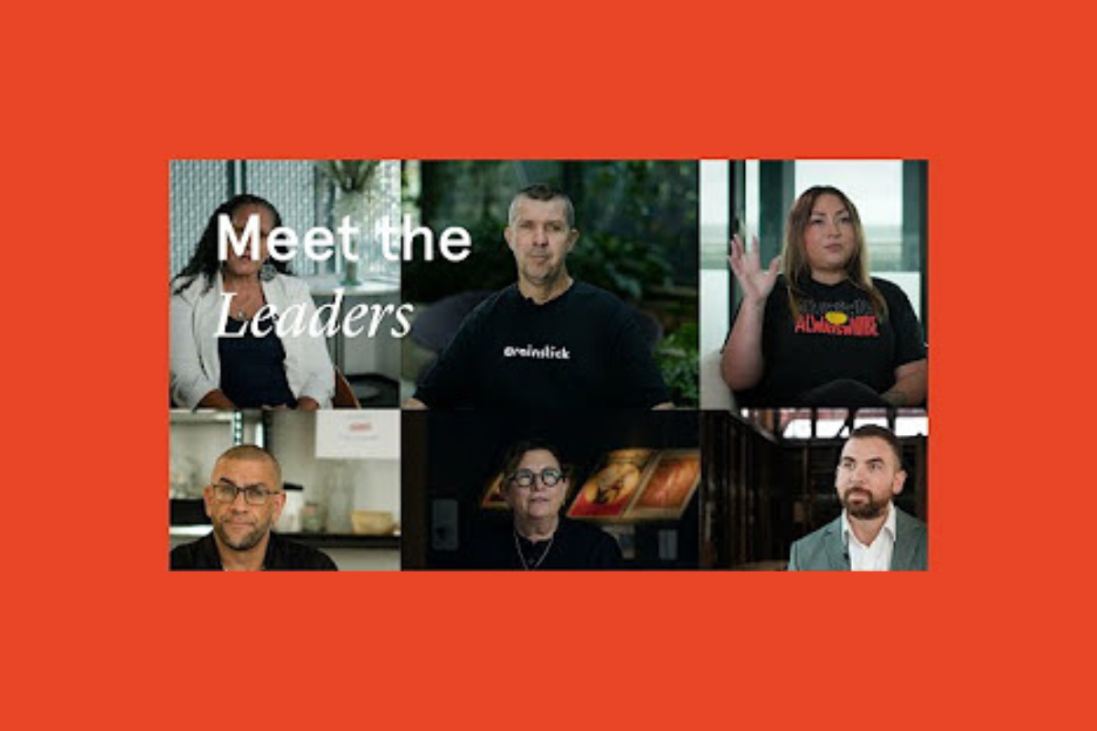 Collage of Indigenous leaders featured in a video series, with the text 'Meet the Leaders' overlaid, set against a bright red background.